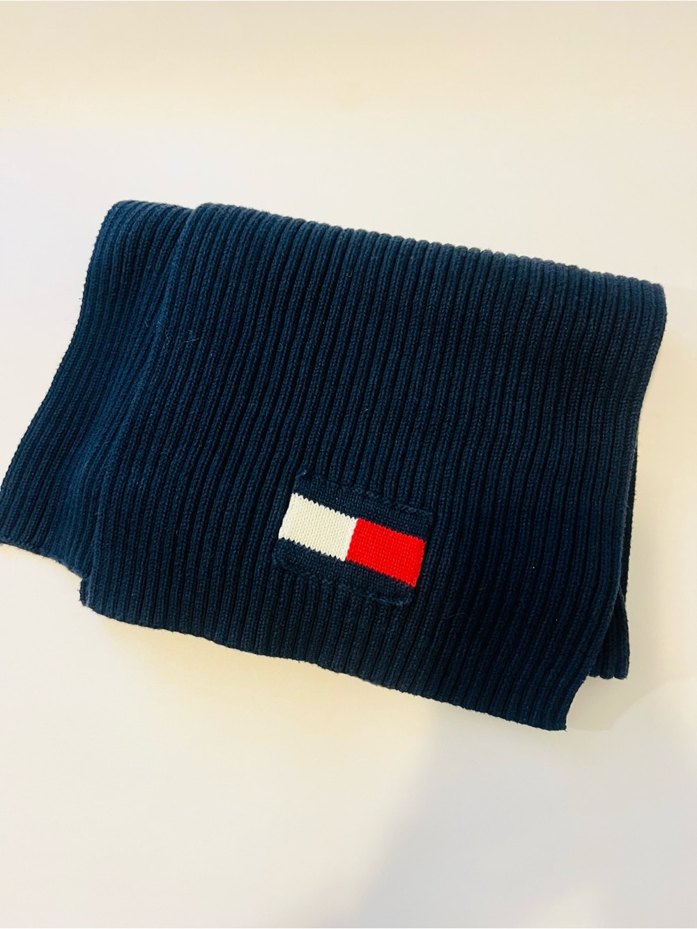 Tommy Hilfiger Navy Rib Knit Scarf with Flag Patch